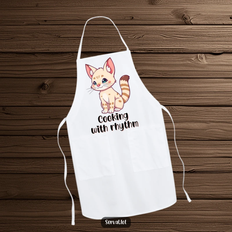 Funny apron with a serval doing a silly tail wiggle, a humorous and practical accessory for cat enthusiasts.