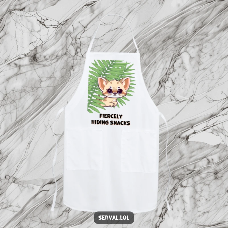 Funny kawaii serval peeking from a fern, a delightful and humorous apron for cooking, baking, or grilling adventures.