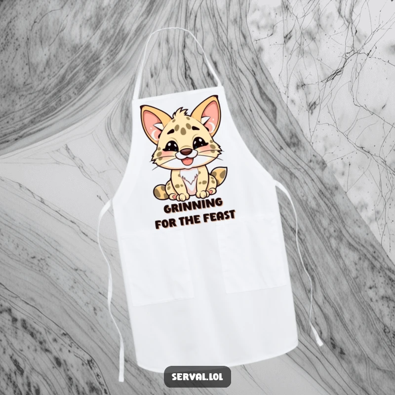 Funny kawaii serval apron, adorable serval character with a playful toothy grin, kitchen wear, practical funny gift.