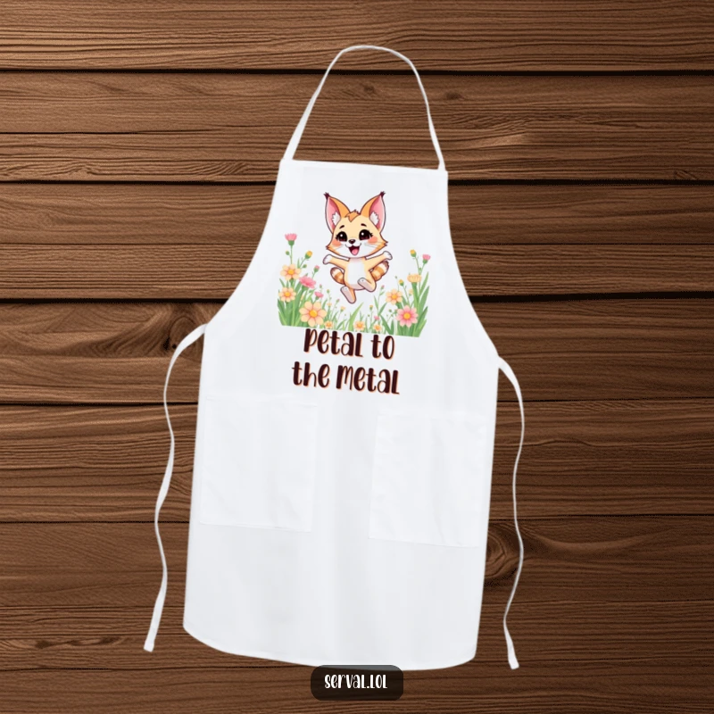 Funny kawaii serval cat joyfully bounding through tall flowers, on a cute and practical kitchen apron.
