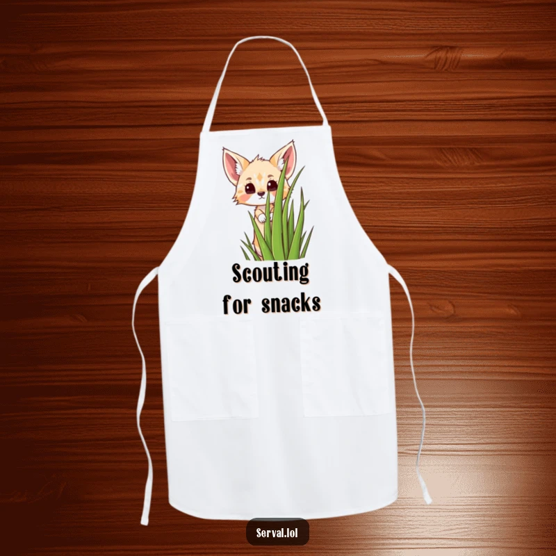 Funny kawaii serval cat peeking over grass, cute kitchen accessory, durable and washable apron, a funny gift.