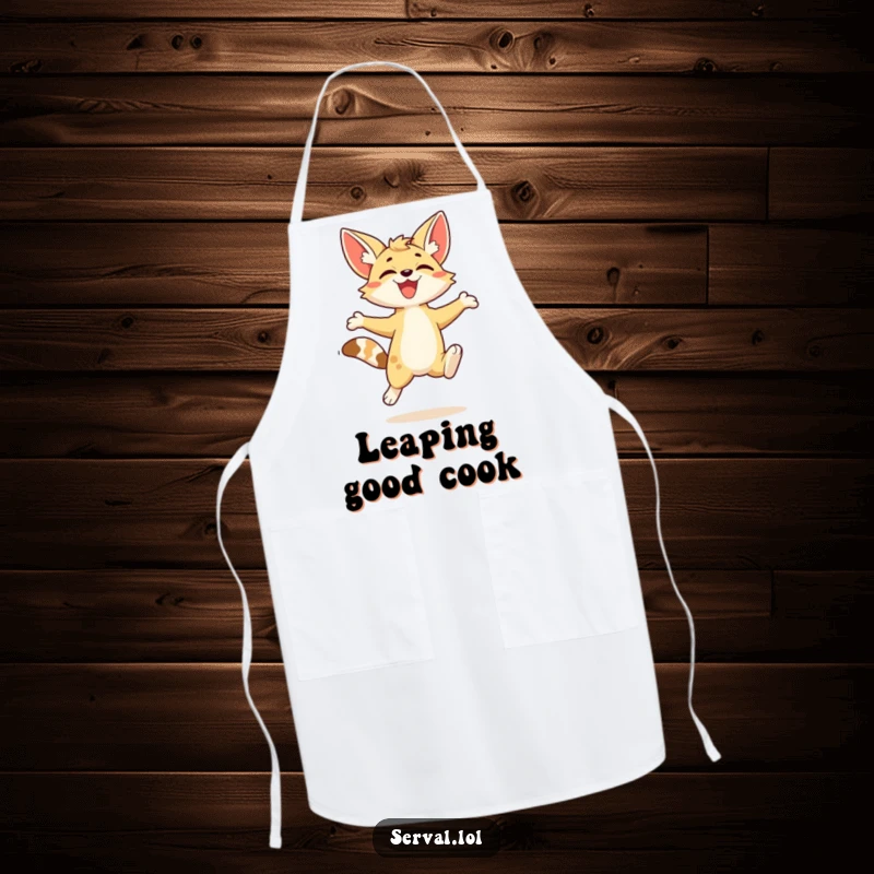Funny kawaii serval character in an energetic leap, featured on a practical and humorous kitchen apron.