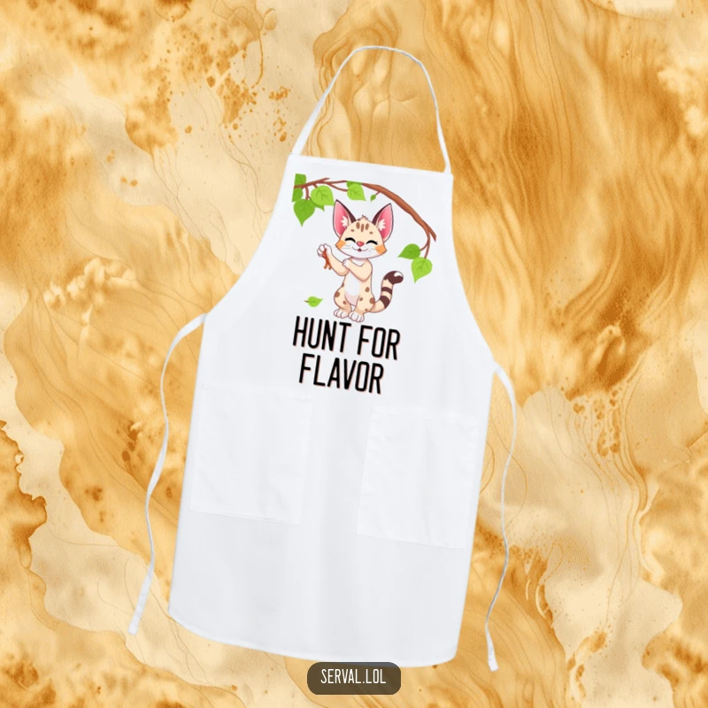 Funny serval apron showing a serval playfully batting at a vine, designed for joyful cooking sessions.