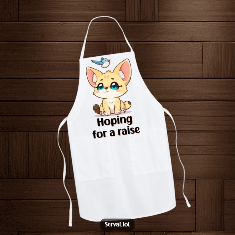 Funny Serval Apron: A small serval looks up with adoring eyes at a hovering bird, perfect for kitchen tasks with charm.
