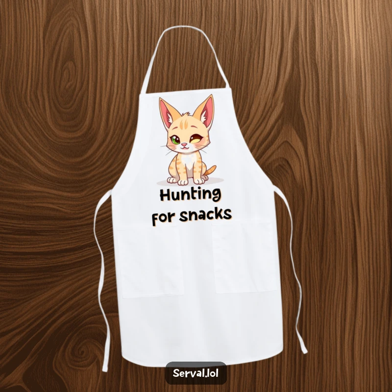 Funny apron with a serval cat in a playful, ready-to-spring crouch, inspiring energetic cooking and kitchen fun.