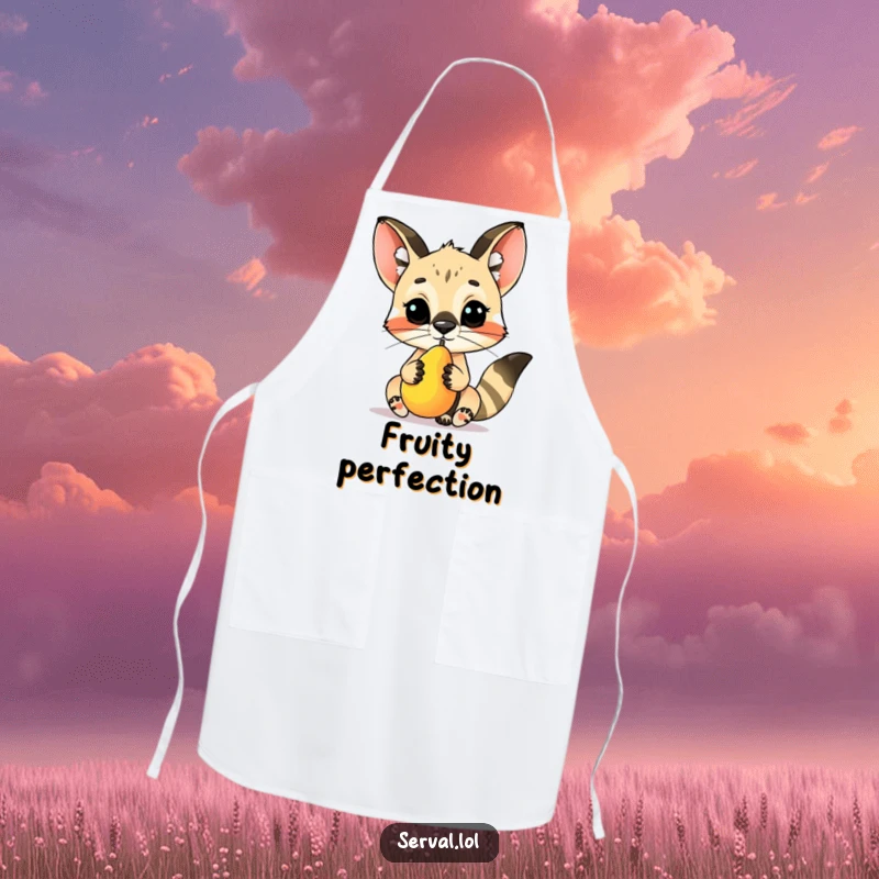Funny serval character apron, skillfully balancing a small fruit on its nose, ready for culinary feats with adorable flair.