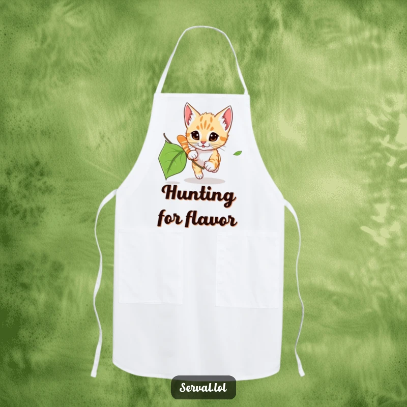 Funny Serval Kitten Leaf Chase Apron: A chef apron adorned with a serval kitten playfully chasing a leaf, great for kitchen fun.