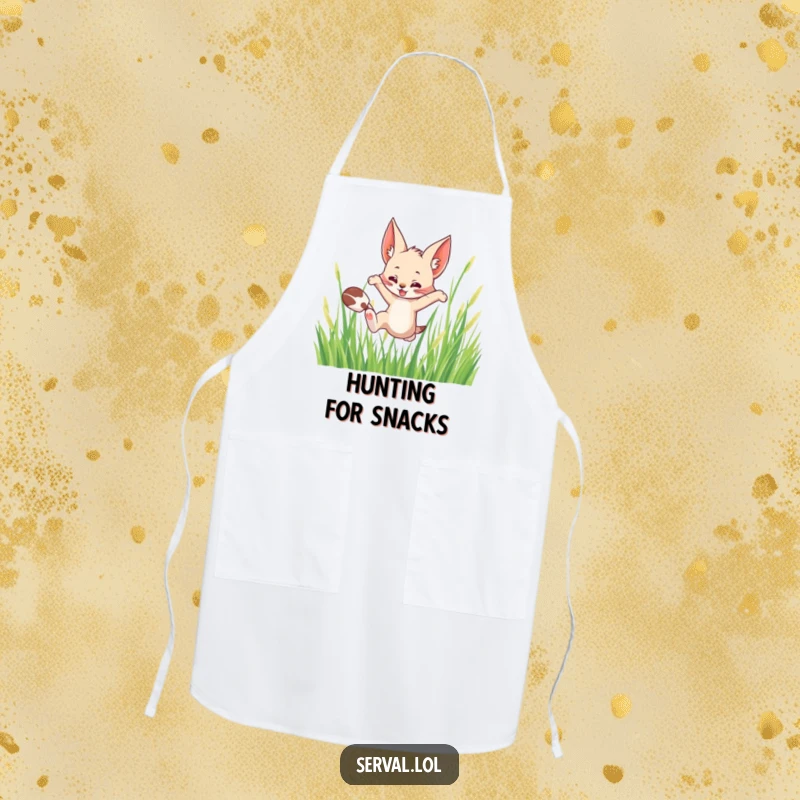 Funny apron depicting a serval cat leaping playfully through tall grass, perfect for adding wild humor to kitchen tasks.