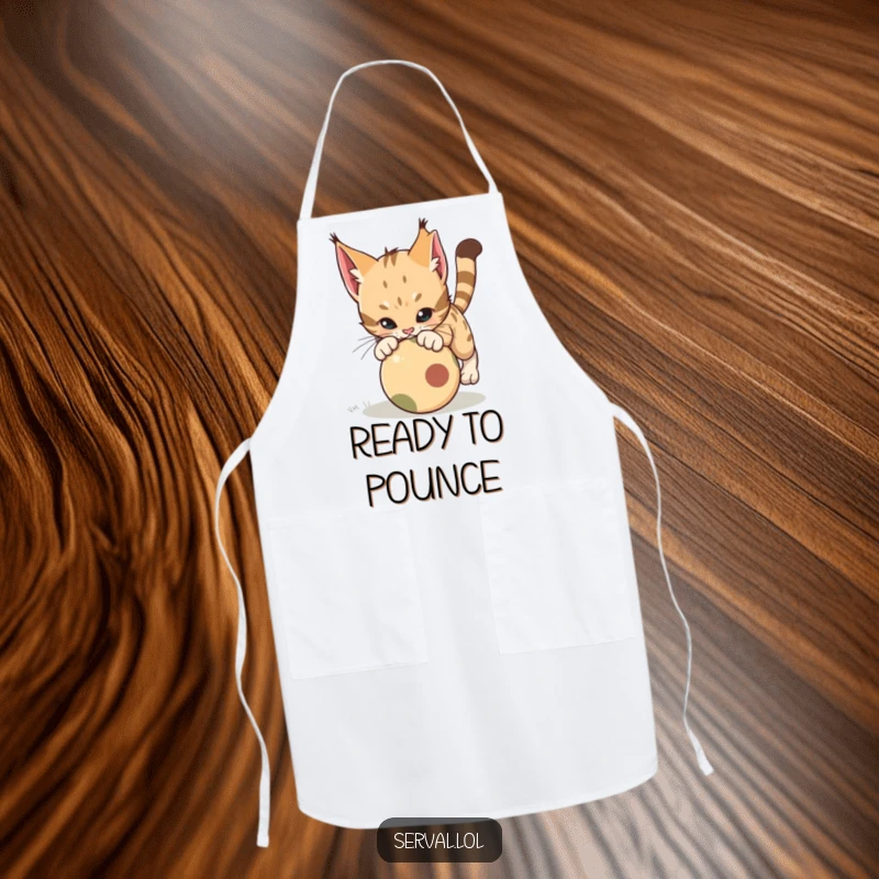 Funny Serval Pounce Apron. A serval cat is shown playfully pouncing on a rolling ball, adding a humorous touch to kitchen attire.
