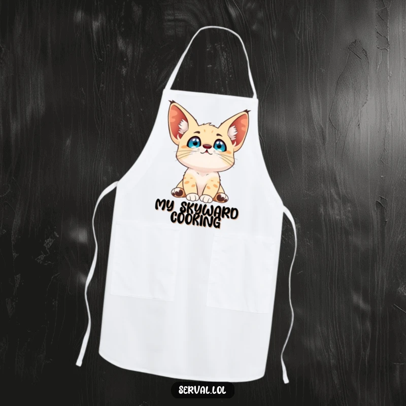 Funny serval apron designed with a serval gazing at the sky, perfect for adding a touch of whimsical wonder to cooking.