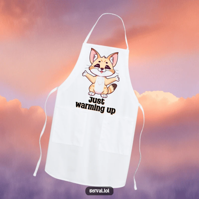 Funny serval stretching apron, a serval cat leisurely stretching, making kitchen duties more enjoyable and humorous.