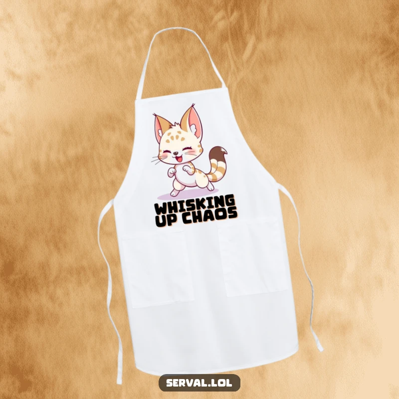 Funny Serval Apron: A playful serval character chasing its own tail, designed for humorous kitchen activities.