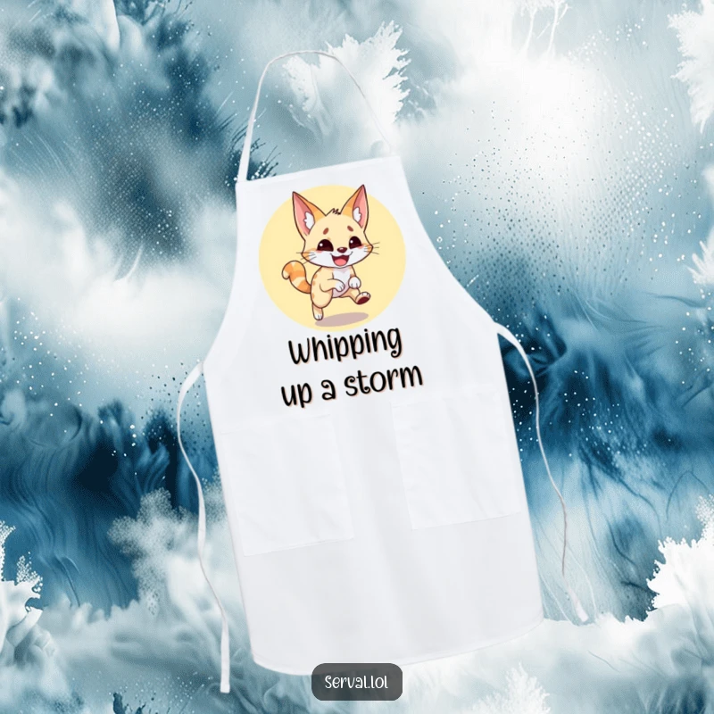 Funny serval apron featuring a wide-grinned serval hilariously chasing its tail, perfect for adding humor to cooking and baking.