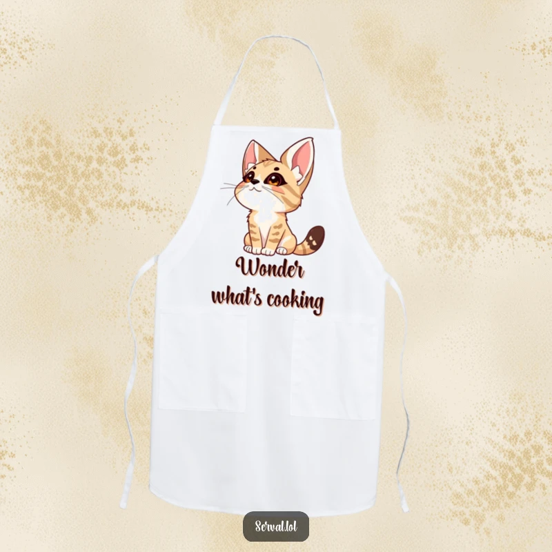 Funny Serval Wonder Apron. A serval cat is depicted looking up at the sky with wonder, adding a touch of inspiration to kitchen wear.
