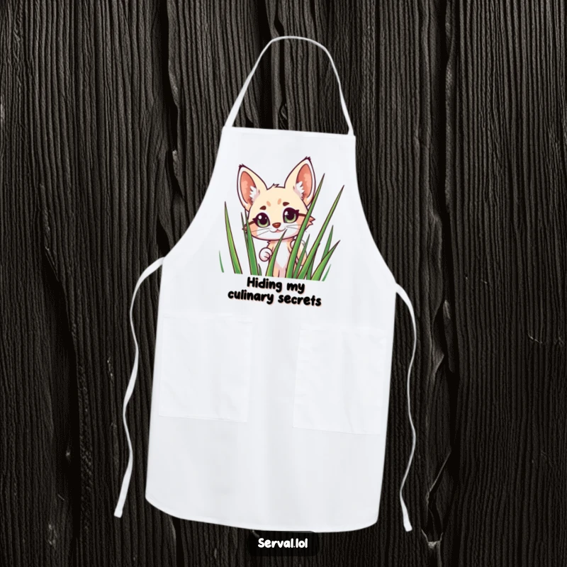 Funny Serval Apron: A cheerful serval peeks with wide eyes from behind grass, ready for kitchen fun and laughter.