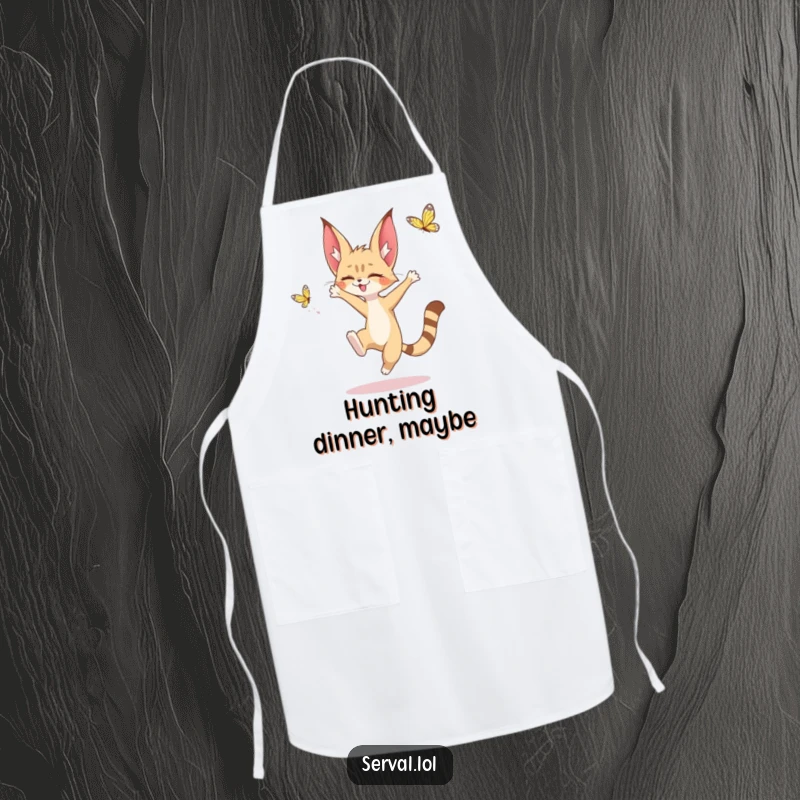 Funny apron showing a kawaii serval character leaping to catch a butterfly, designed for cooks who appreciate charming and humorous art.