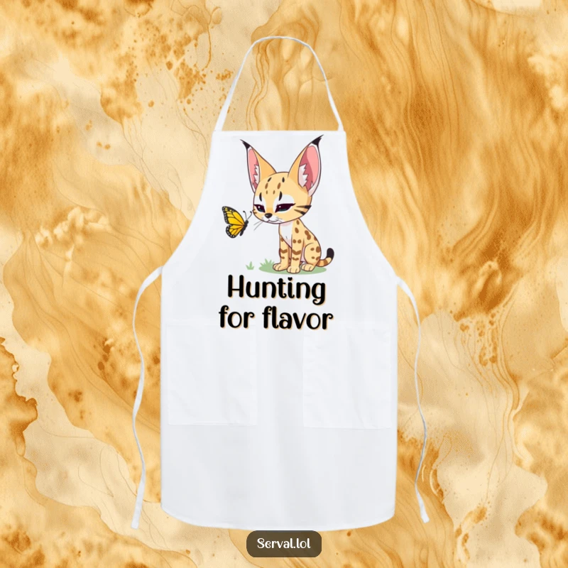 Funny apron with a serval stalking a butterfly, a humorous and practical accessory for cat enthusiasts.