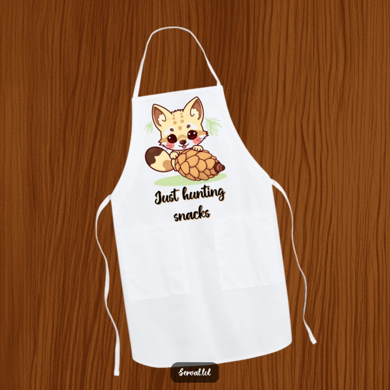 Funny kawaii serval character caught in a playful pounce over a rolling pinecone, adding humor to your kitchen attire. Perfect gift.