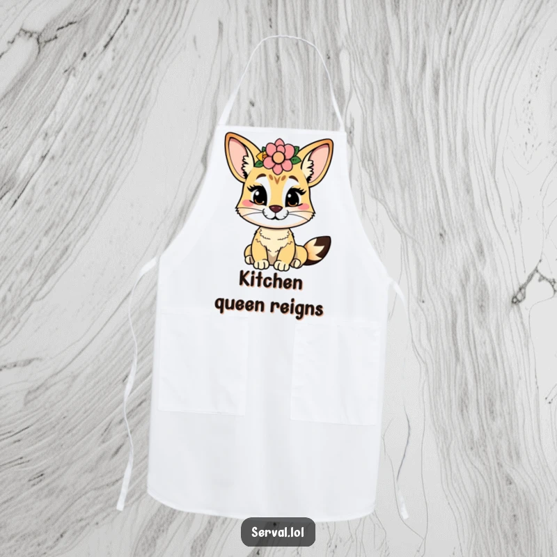 Funny serval apron with a cheeky serval wearing a flower crown, adding playful style to kitchen activities.