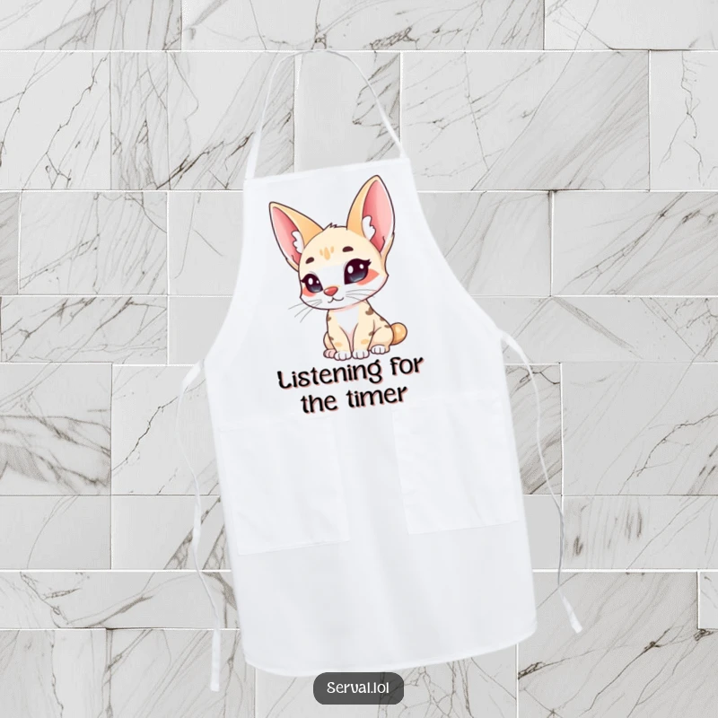 Funny serval apron, a wild cat with large ears curiously tilting its head, adding curiosity and humor to kitchen wear.