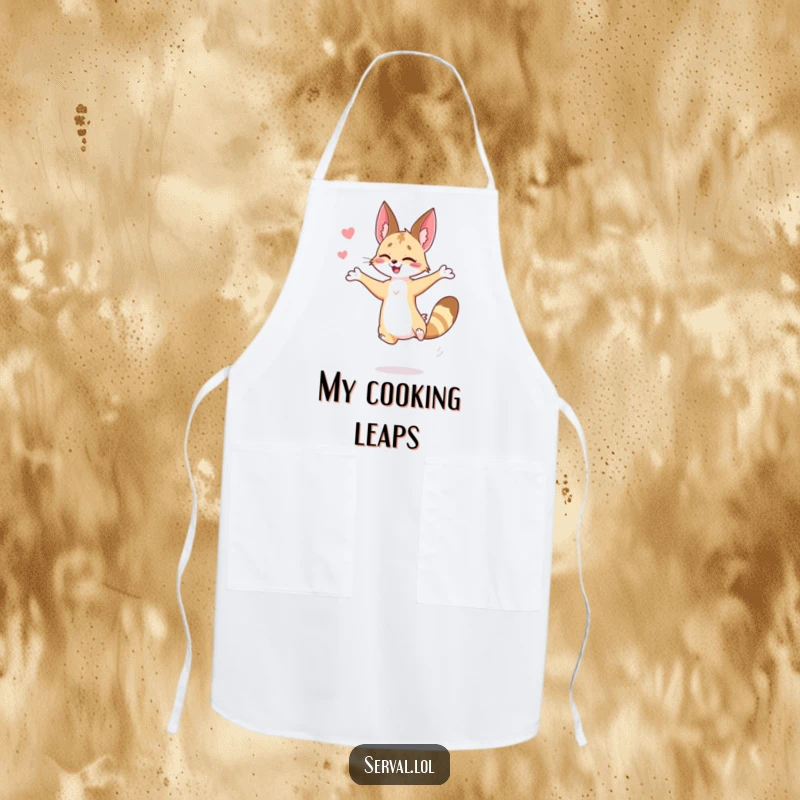 Funny serval apron designed with a serval performing a graceful jump, perfect for adding a touch of wild humor to cooking.