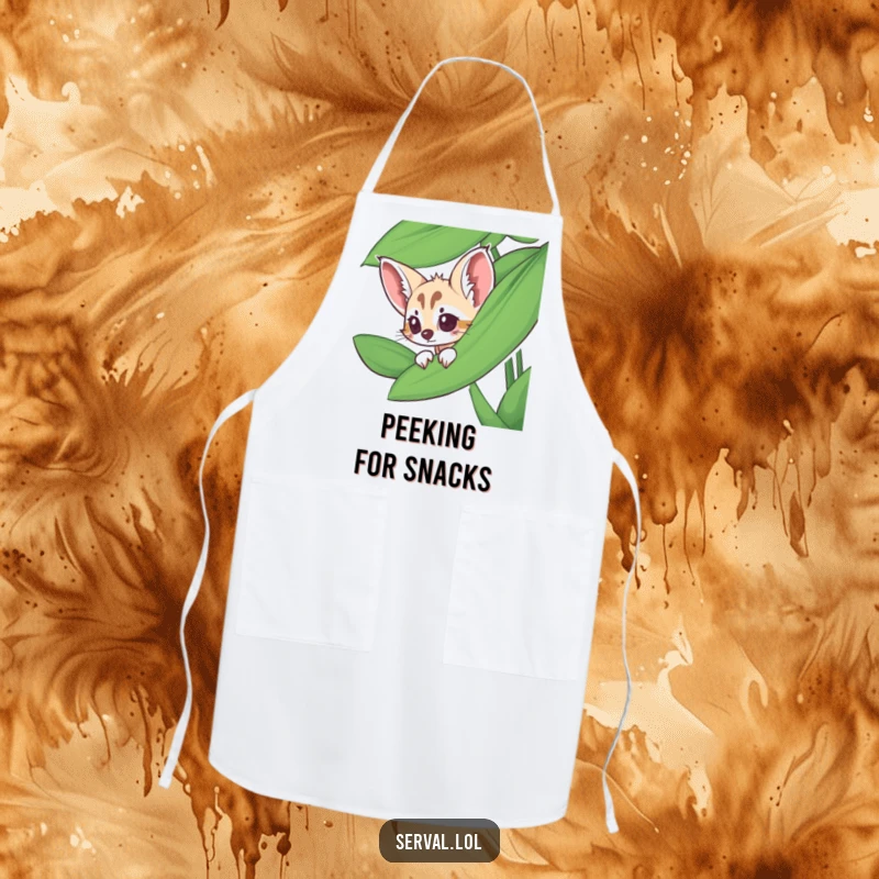 Funny serval apron showing a serval peeking from behind a jungle leaf, perfect for a surprising culinary experience.
