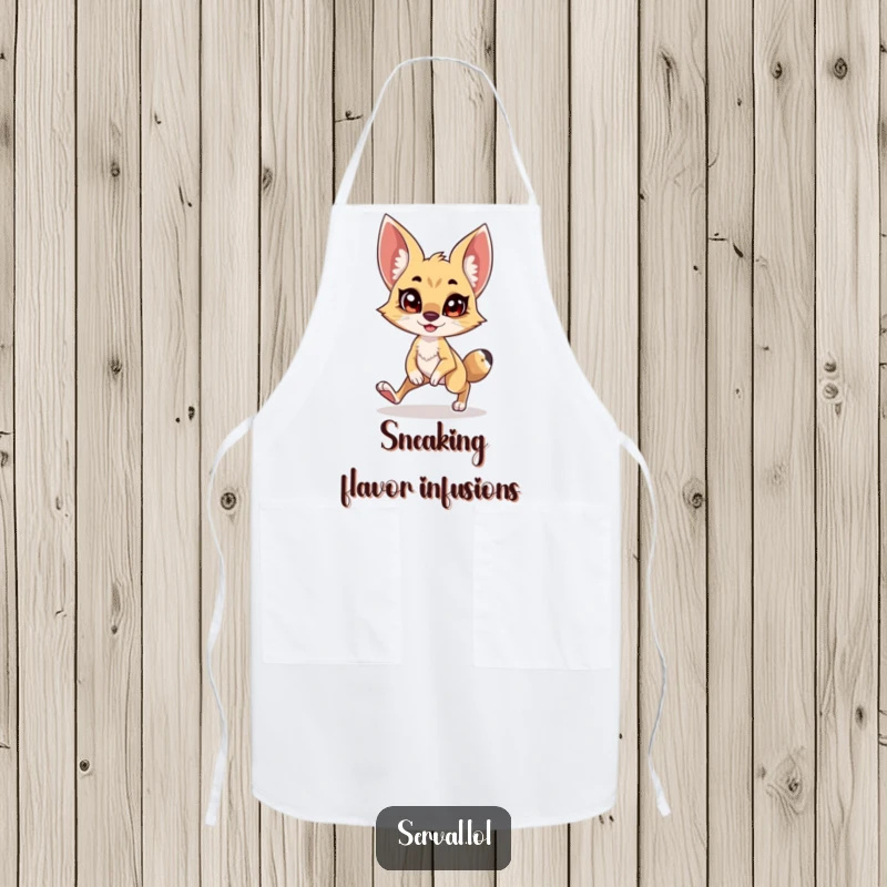 Funny Serval Apron: A serval character doing a comical stealthy tiptoe with a grin, perfect for a funny kitchen gift.