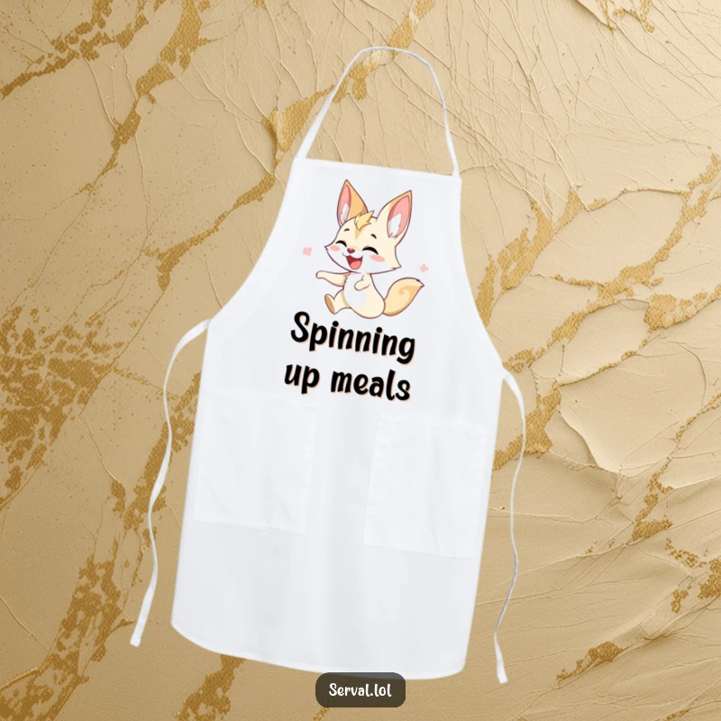 Funny serval apron showing a serval joyfully twirling, perfect for energetic and fun cooking sessions.