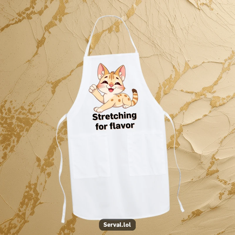 Funny Serval Apron: An excited serval character stretching contentedly, designed for humorous and relaxed kitchen tasks.