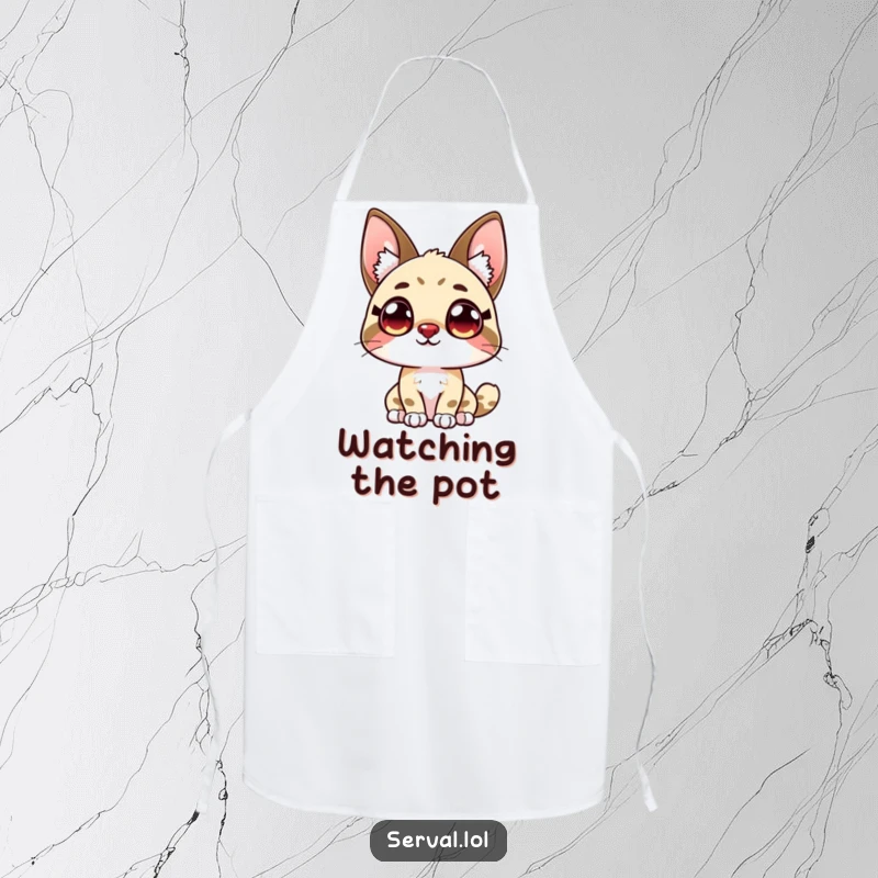 Funny kawaii serval character with big, curious eyes looking up, featured on a practical and humorous apron.