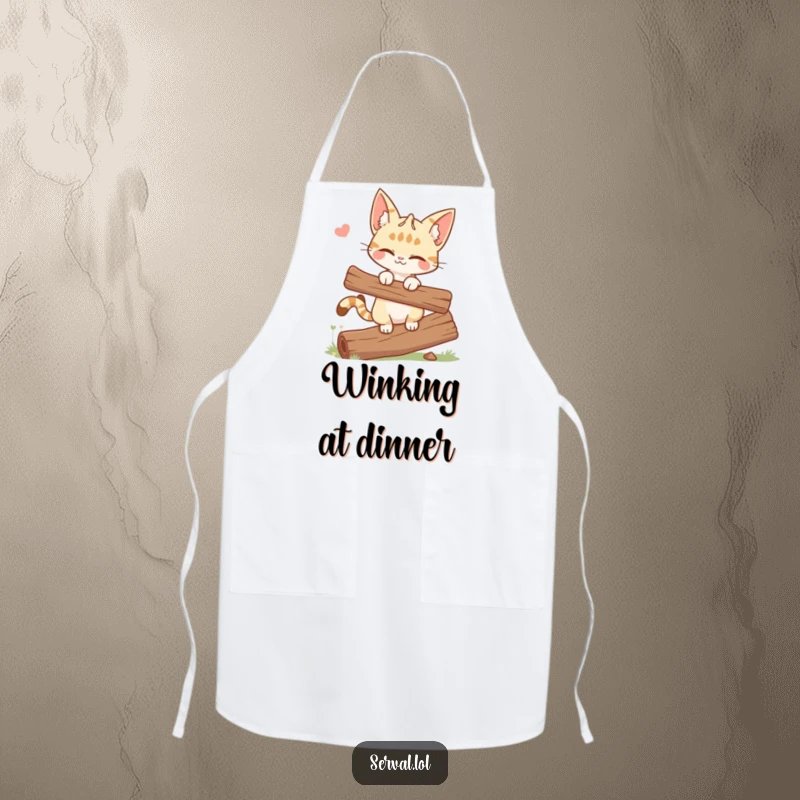 Funny apron featuring a winking serval cat balancing on a log, perfect for adding a playful touch to cooking.