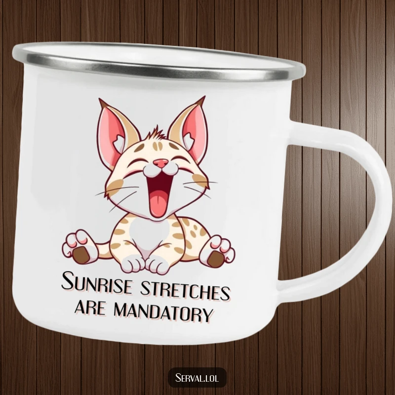 Funny camping mug featuring a serval cat in a wide, happy yawn, perfect for enjoying beverages during outdoor excursions.