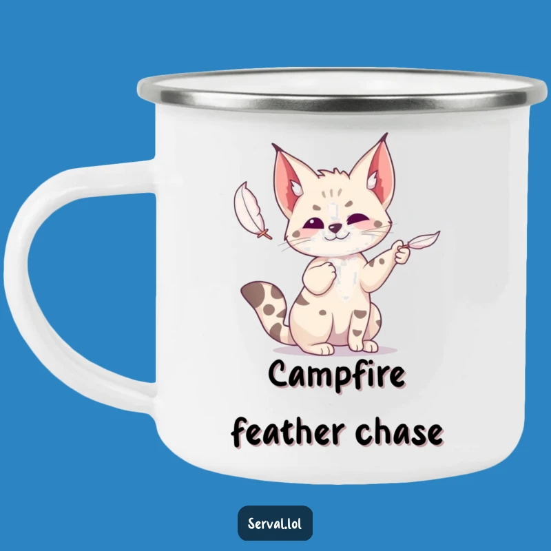 Funny Serval Feather Play Camping Mug: Outdoor Fun for Adventurers
