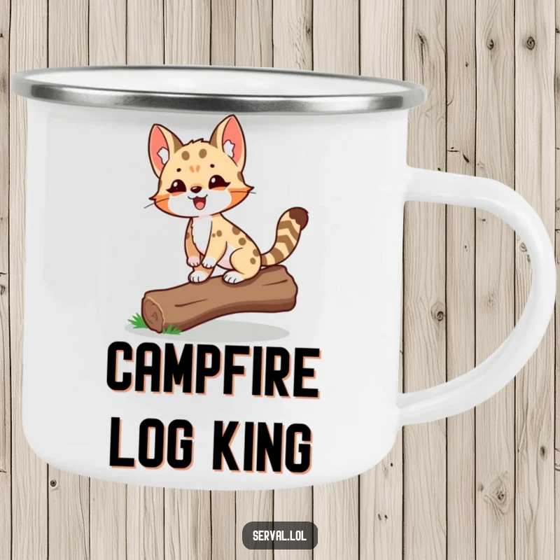Funny Serval Camping Mug showing a delighted serval proudly balancing on a log, perfect for outdoor adventures.