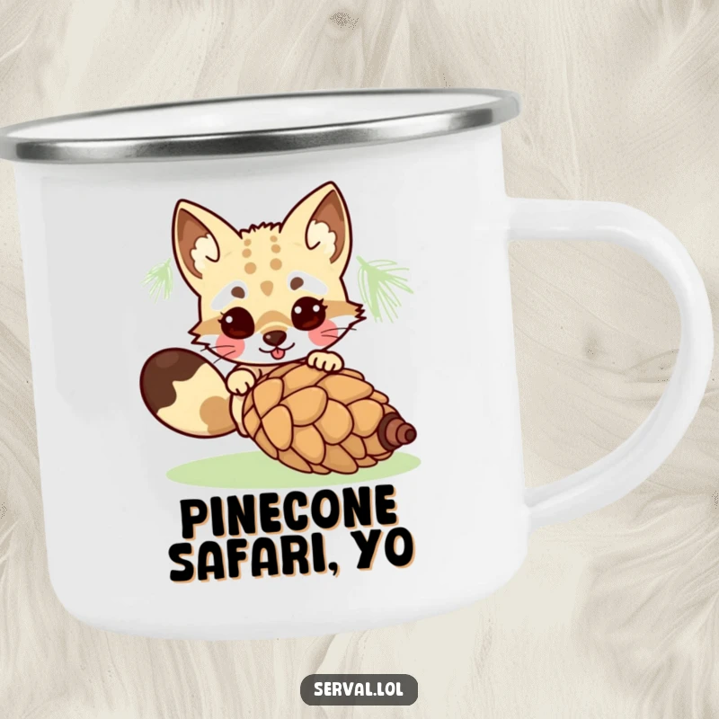 Funny kawaii serval character playfully pouncing on a rolling pinecone, designed for adventure and hearty laughs. Great gift.