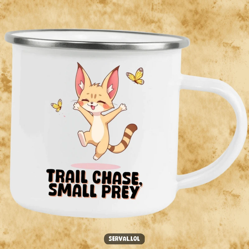 Funny camping mug featuring a kawaii serval character leaping for a butterfly, inspiring smiles during outdoor adventures.