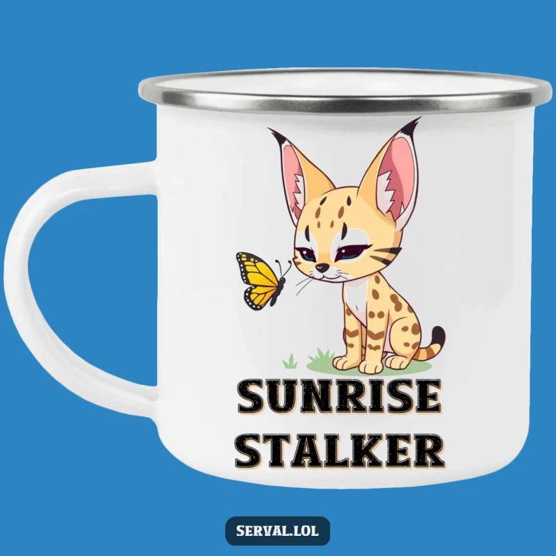 Funny Serval Butterfly Stalker Camping Mug - Hilarious Outdoor Cat Gift!