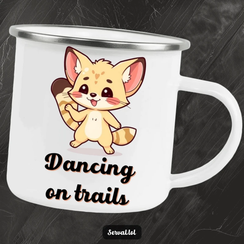 Funny kawaii serval cat doing a nimble dance step, featured on a sturdy and humorous camping mug.