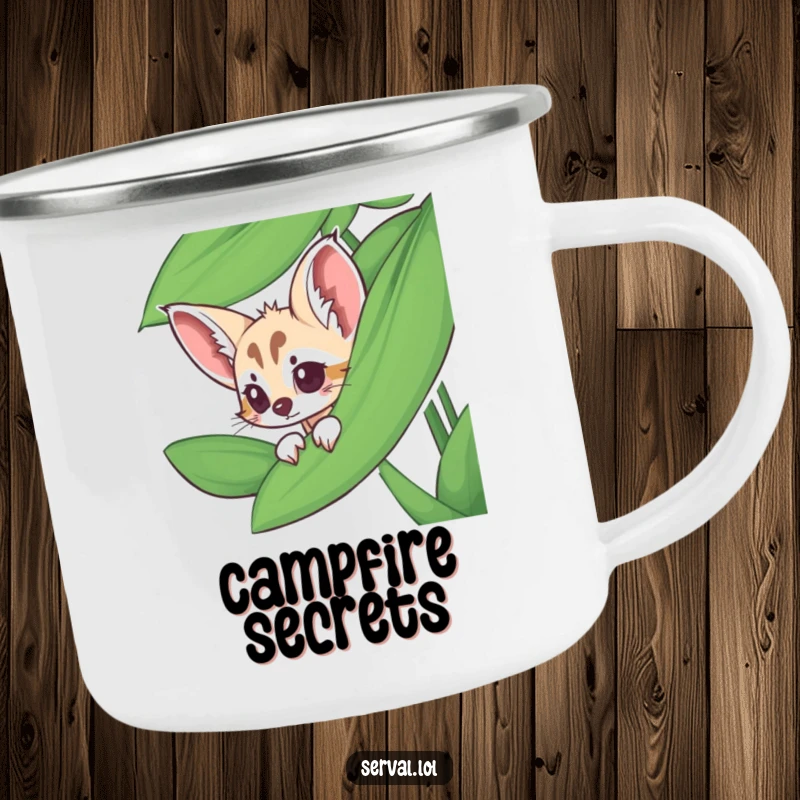 Funny serval camping mug featuring a serval peeking from behind a jungle leaf, perfect for mysterious outdoor moments.