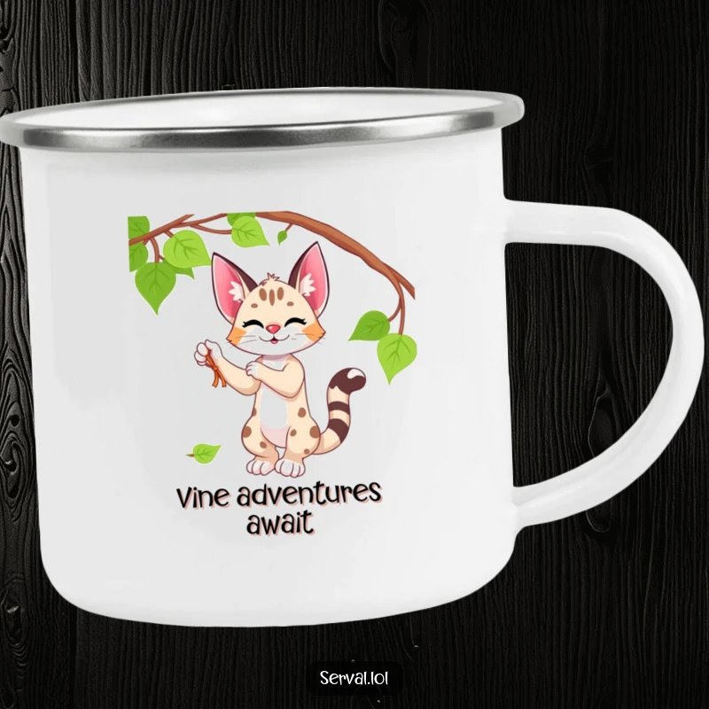 Funny serval camping mug featuring a serval playfully batting at a vine, perfect for rugged, fun adventures.