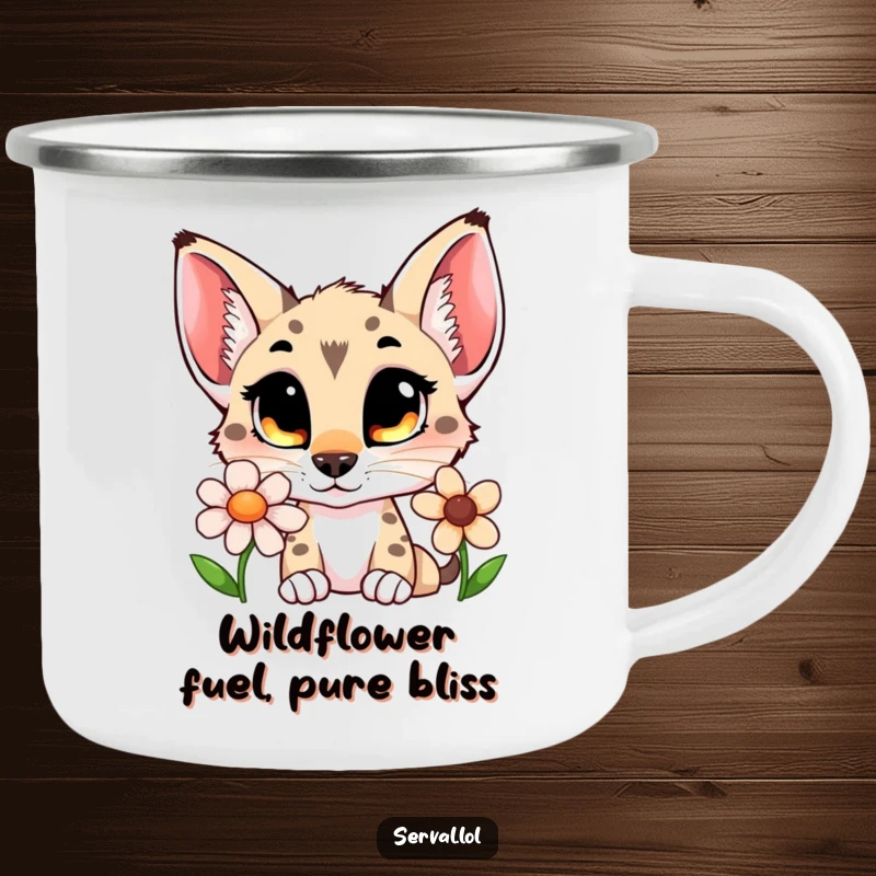 Funny serval camping mug showing a curious cat with wide eyes sniffing a flower, ready for outdoor adventures.