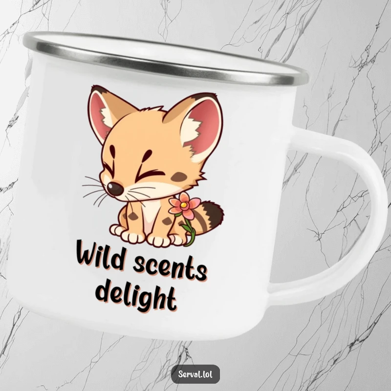 Funny Serval Camping Mug showing a curious serval delightedly sniffing a colorful flower, perfect for outdoor enjoyment.
