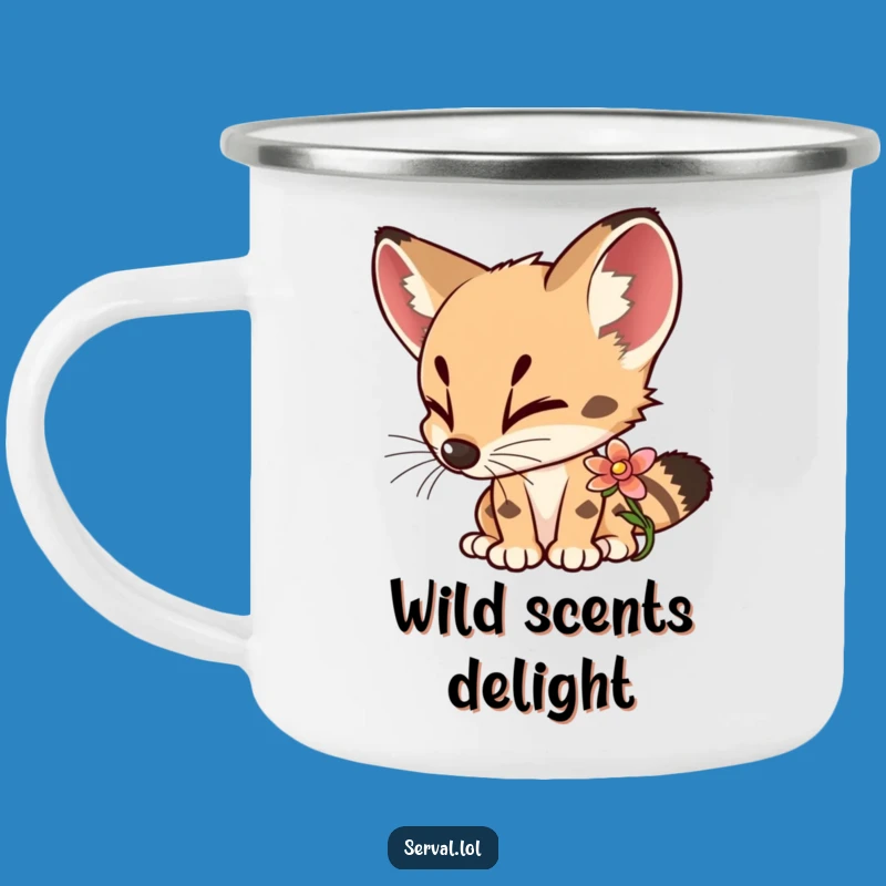 Funny Serval Flower Sniffing Camping Mug: Outdoor Curious Cat Drinkware, Great Funny Gift