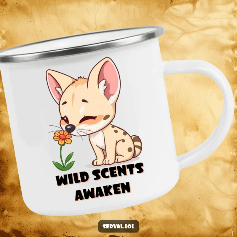 Funny Serval Camping Mug: A curious serval sniffs a colorful flower, bringing natural delight to your outdoor experiences.