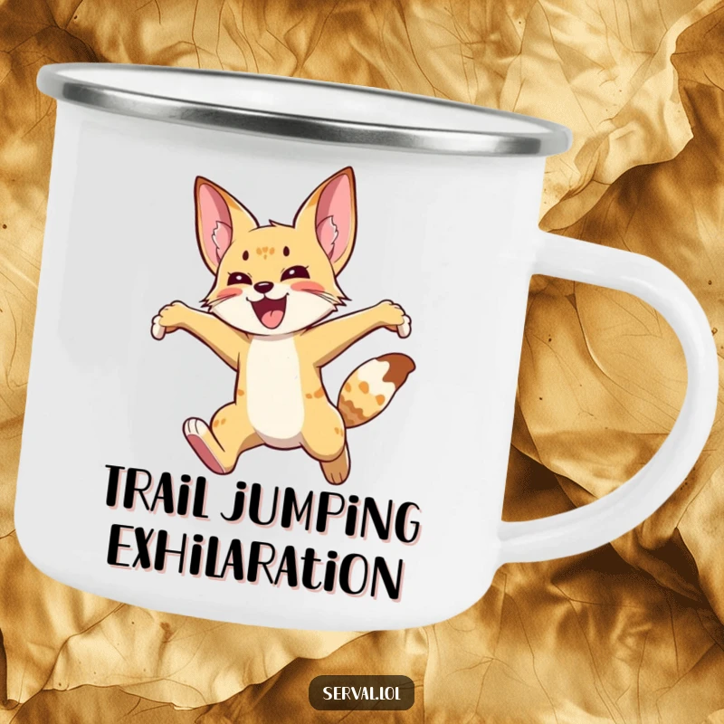 Funny serval camping mug showing a wild cat leaping high in the air with joy, designed for outdoor enthusiasts who appreciate excitement.