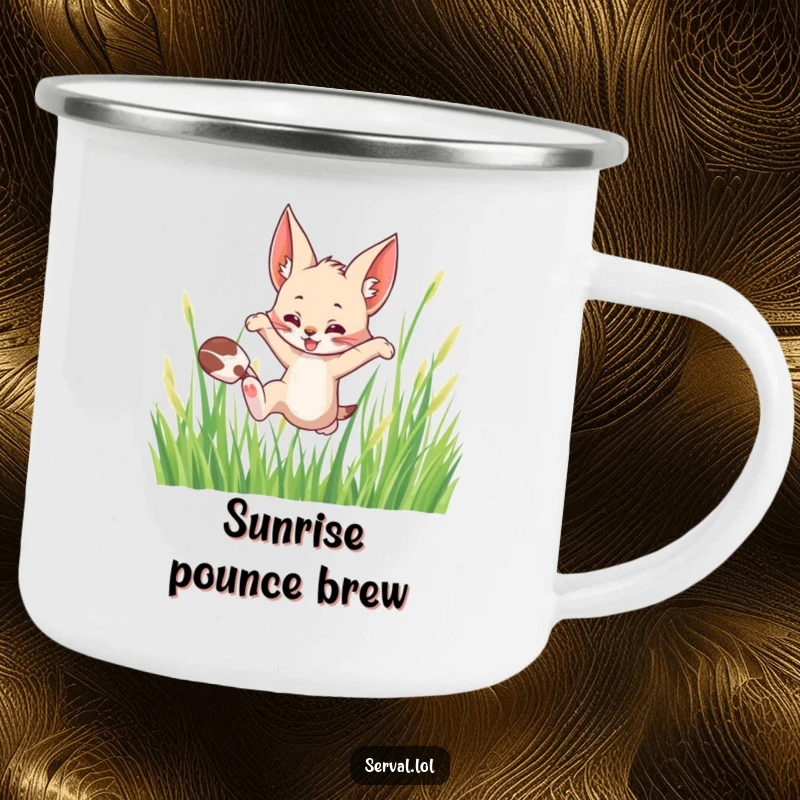 Funny camping mug featuring a serval cat leaping playfully through tall grass, perfect for adventurous outdoor enjoyment.