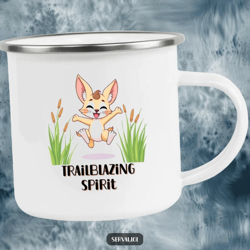 Funny serval character camping mug, joyfully leaping through tall grass, perfect for celebrating freedom in the wild.