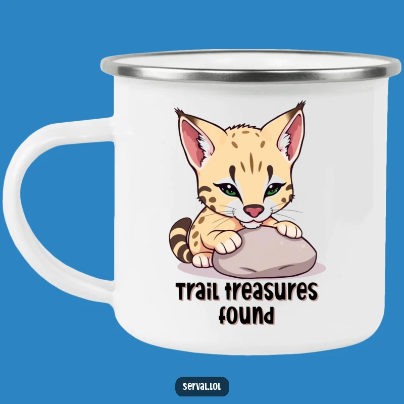 Funny Serval Pebble Nudge Camping Mug: Outdoor Feline Curiosity, Perfect Funny Gift for Campers