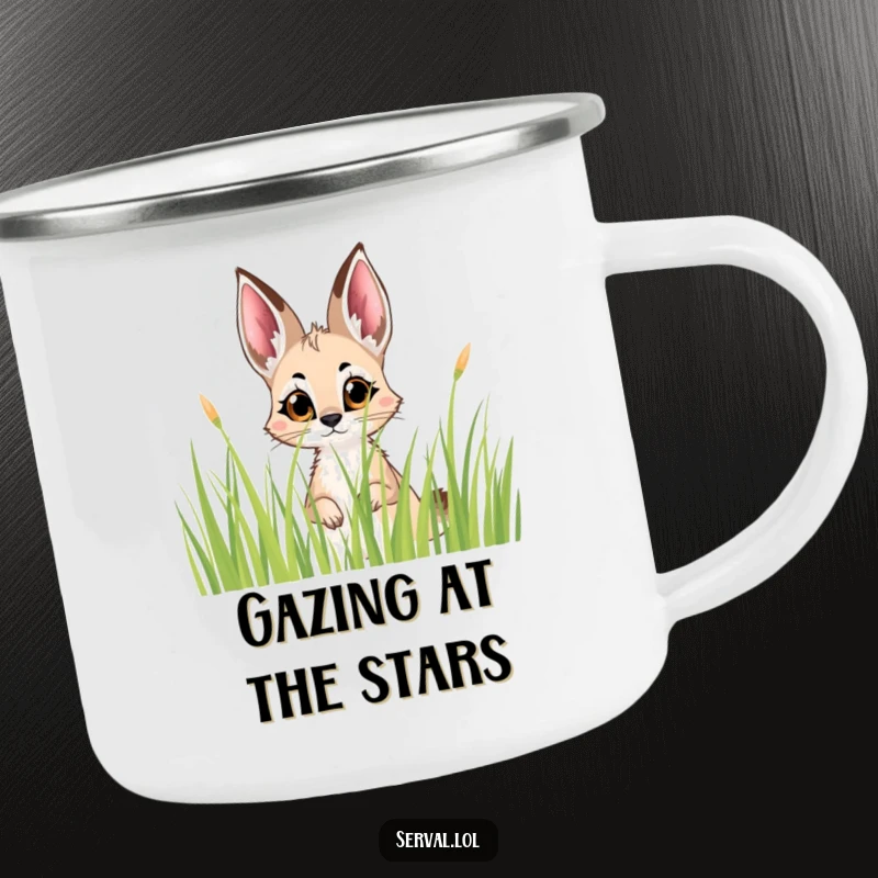 Funny Serval Peek Camping Mug: A rugged mug with a serval peeking curiously from grass, ideal for outdoor mystery and humor.