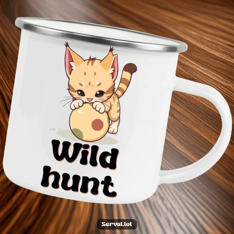 Funny Serval Pounce Camping Mug. An enamel mug featuring a serval cat pouncing playfully on a rolling ball, perfect for adventurous humor.